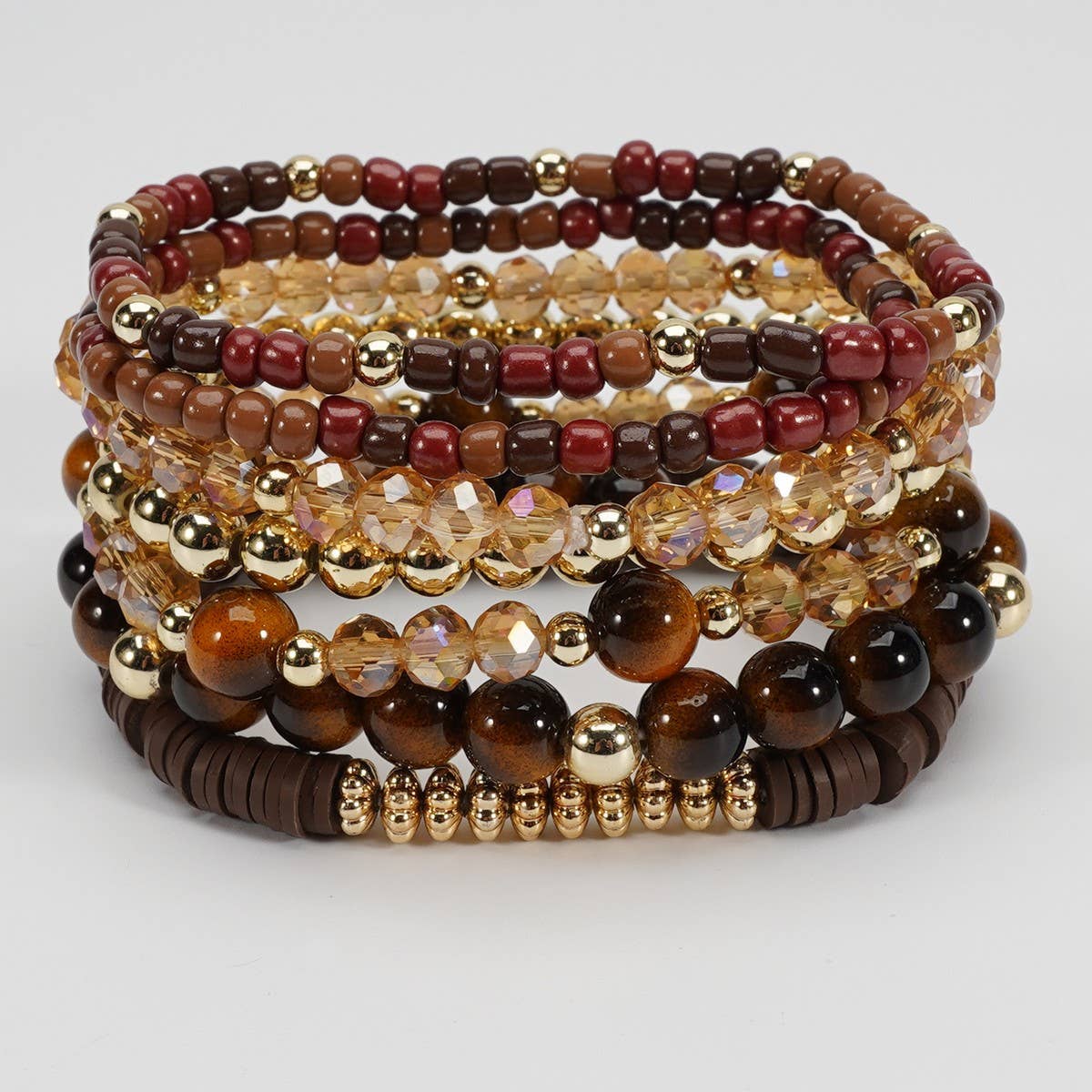 CWAJE06899_BOHO FAUX STONE ELASTIC BEADED BRACELET: BROWN / (OS) 1