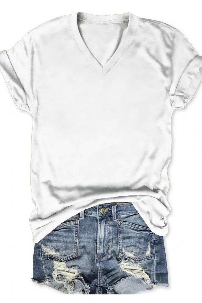 CWTTS00971_SOLID COLOR CASUAL V-NECK SHORT-SLEEVED T-SHIRT: WHITE / (S) 1
