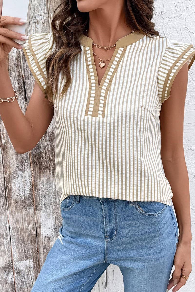 CWTBLS02770_COLOR-BLOCKED V-NECK STRIPED FLUTTER SLEEVE TOP: BLACK / (S) 1