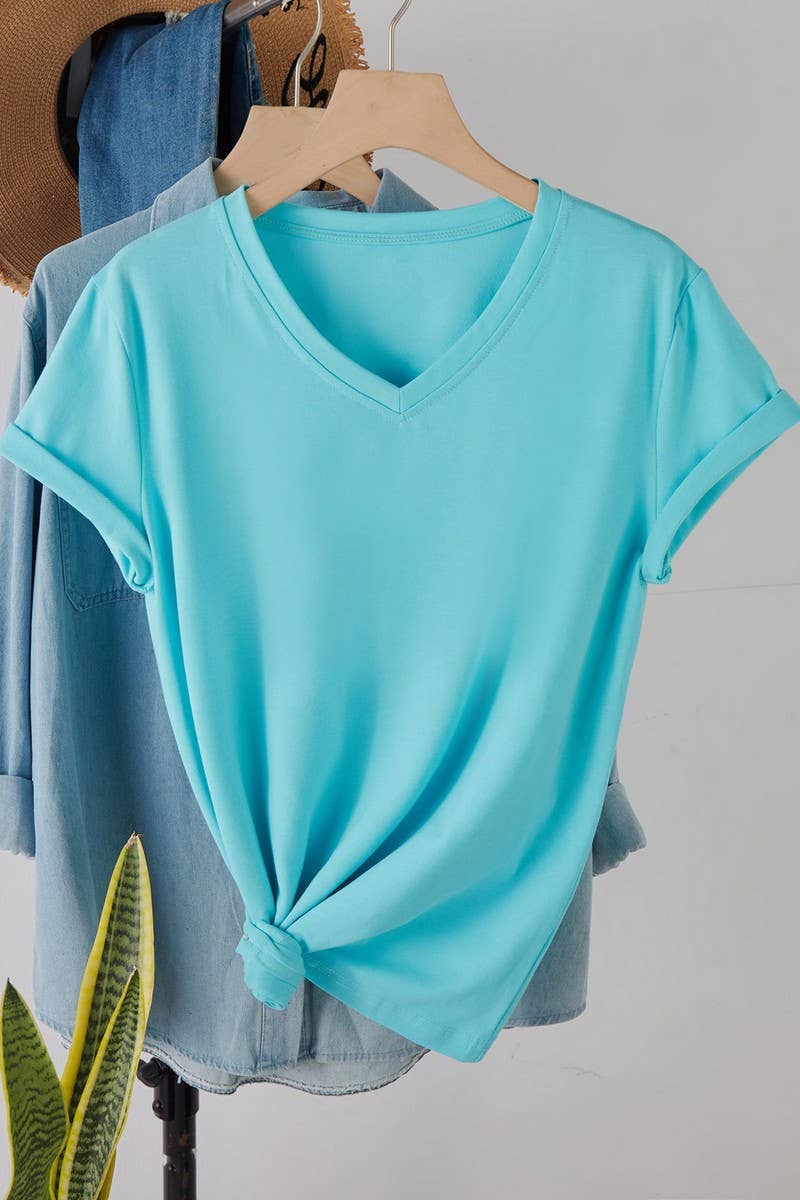 CWTTS00971_SOLID COLOR CASUAL V-NECK SHORT-SLEEVED T-SHIRT: WHITE / (S) 1