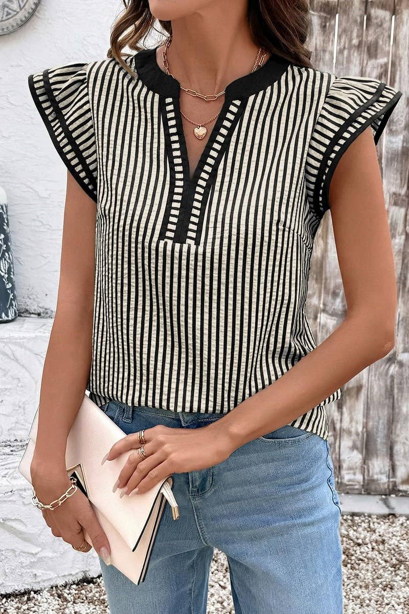 CWTBLS02770_COLOR-BLOCKED V-NECK STRIPED FLUTTER SLEEVE TOP: BLACK / (S) 1