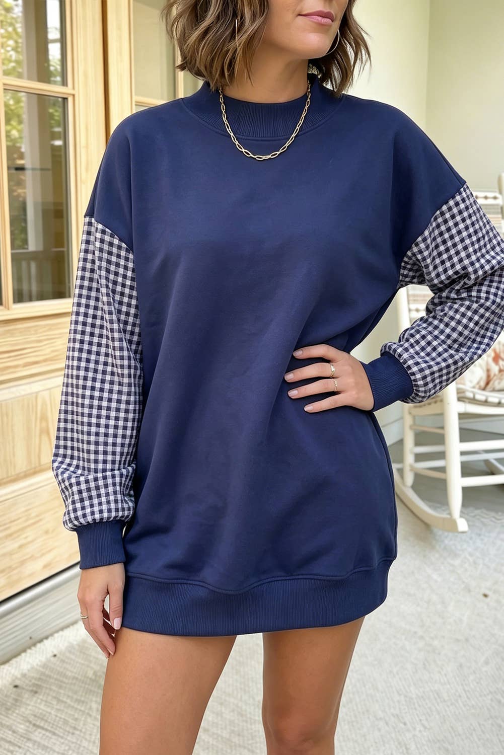 66 Plus Size Plaid/ Camo/ Dot Mock Neck Sweatshirt (S-4X): Camo Beige / XL