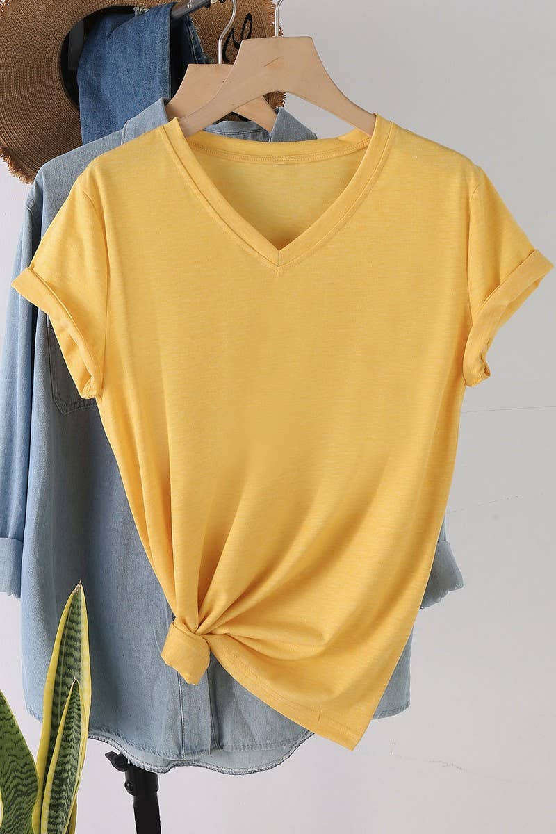 CWTTS00971_SOLID COLOR CASUAL V-NECK SHORT-SLEEVED T-SHIRT: WHITE / (S) 1