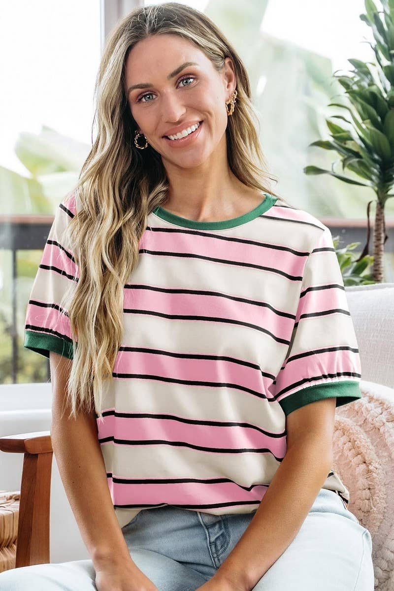 CWTTS00981_CASUAL STRIPED CREW NECK SHORT-SLEEVED T-SHIRT: BLUE / (S) 1