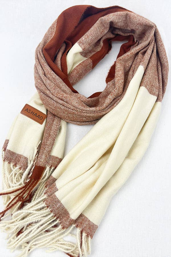 Two Tone Plaid Cashmere Scarf With Tassel