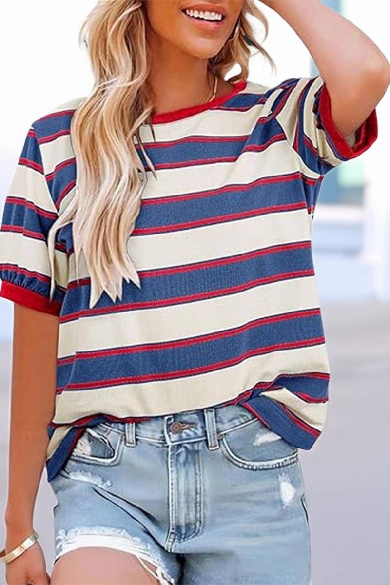 CWTTS00981_CASUAL STRIPED CREW NECK SHORT-SLEEVED T-SHIRT: BLUE / (S) 1