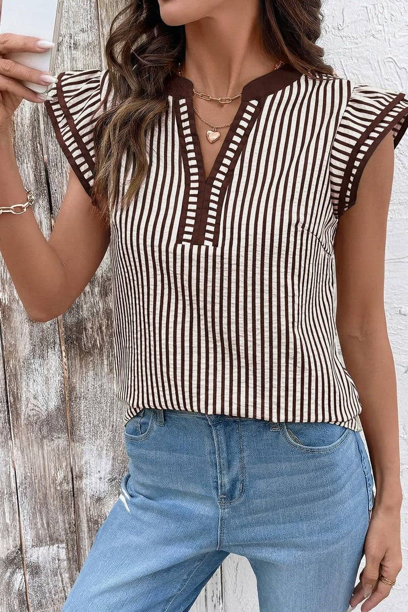 CWTBLS02770_COLOR-BLOCKED V-NECK STRIPED FLUTTER SLEEVE TOP: BLACK / (S) 1
