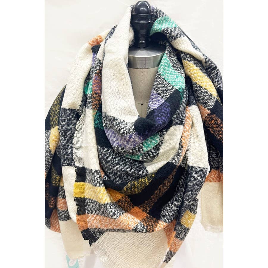 Plaid Fringe Blanket Scarf: Beige